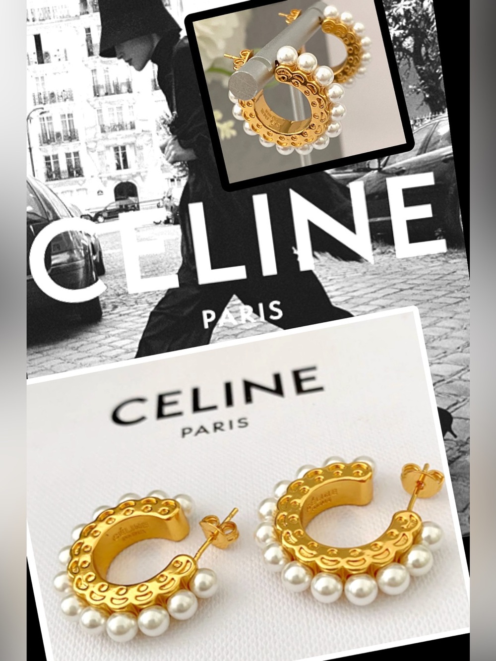 CELINE PARIS PEARL Petite HOOP EARRINGS✨unique accent design✨Gold Tone / Post